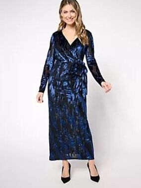 dennis basso Blue and Black Velvet Wrap Maxi Dress